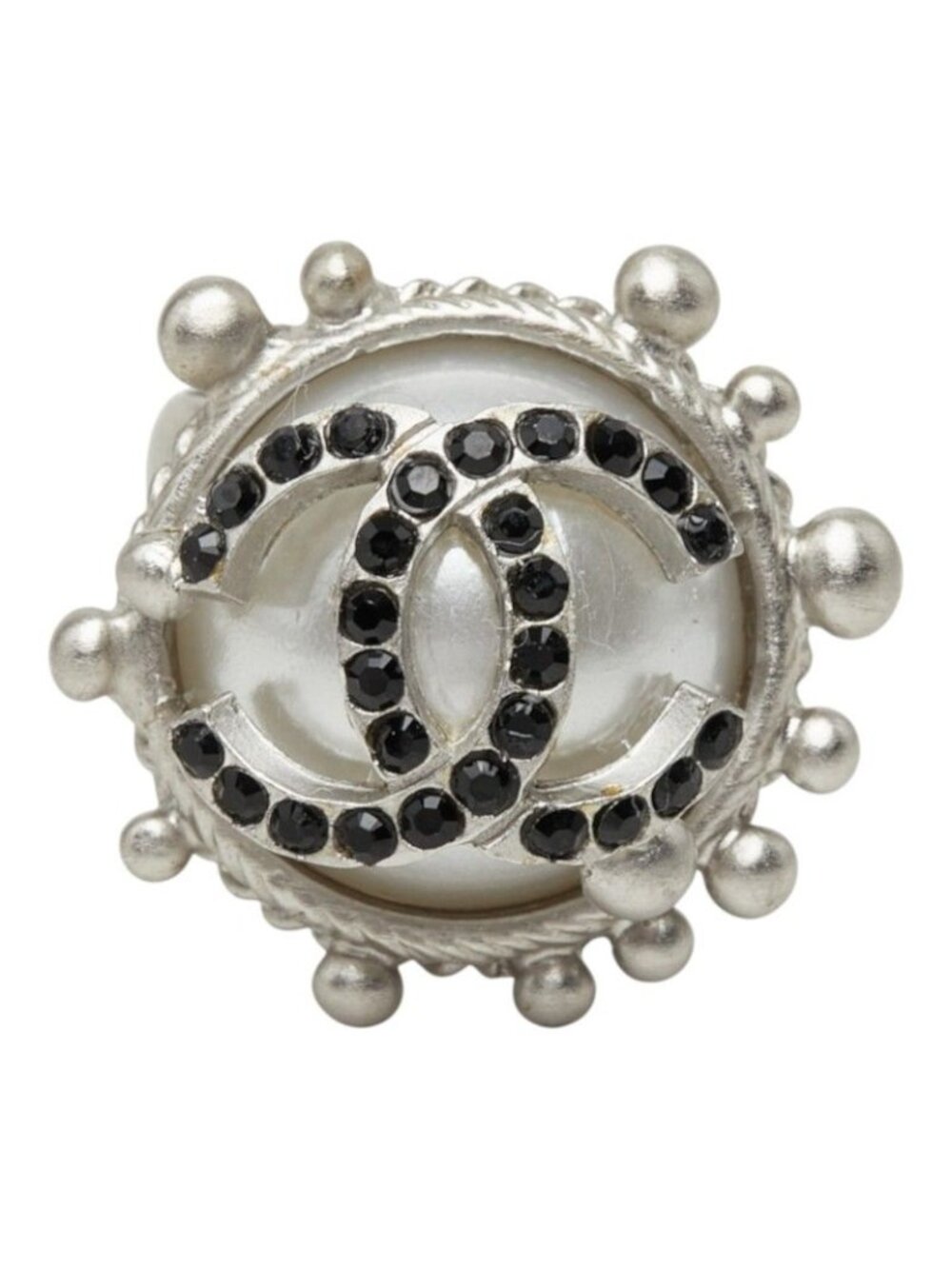 Chanel CC Logo Ring 02C Silver Black Metal Faux Pearl